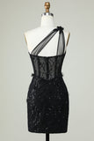 Bodycon One Shoulder Black Corset Graduation Dress with Appliques