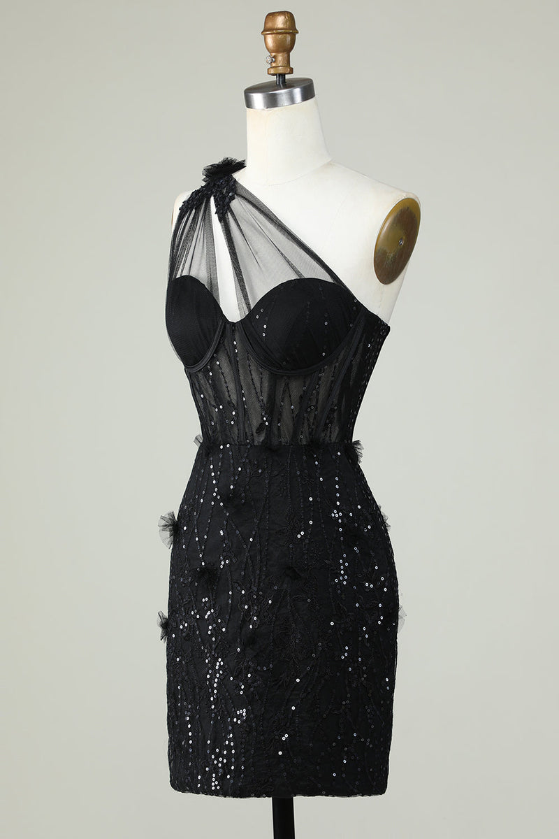 Load image into Gallery viewer, Bodycon One Shoulder Black Corset Graduation Dress with Appliques