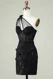 Bodycon One Shoulder Black Corset Graduation Dress with Appliques