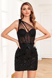 Sparkly Black Corset Sequins Tight Short Graduation Dress