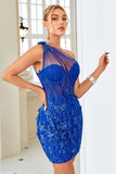 Bodycon One Shoulder Royal Blue Short Graduation Dress with Appliques