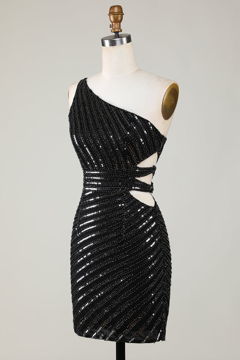 Load image into Gallery viewer, Sparkly Bodycon One Shoulder Black Sequins Short Graduation Dress with Cut Out