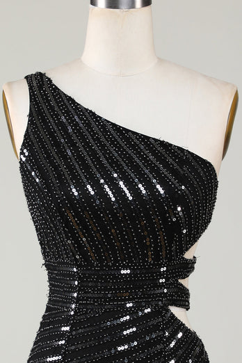 Sparkly Bodycon One Shoulder Black Sequins Short Graduation Dress with Cut Out