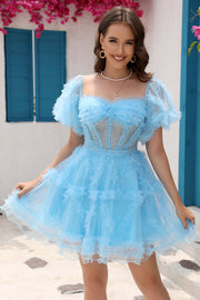 Blue Tulle Off The Shoulder Short Graduation Dress