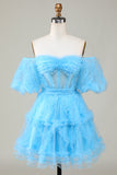 Cute A line Blue Tulle Off The Shoulder Short Graduation Dress