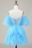 Cute A line Blue Tulle Off The Shoulder Short Graduation Dress