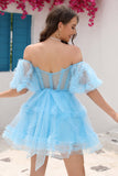 Blue Tulle Off The Shoulder Short Graduation Dress