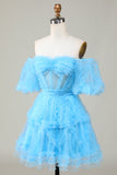 Cute A line Blue Tulle Off The Shoulder Short Graduation Dress