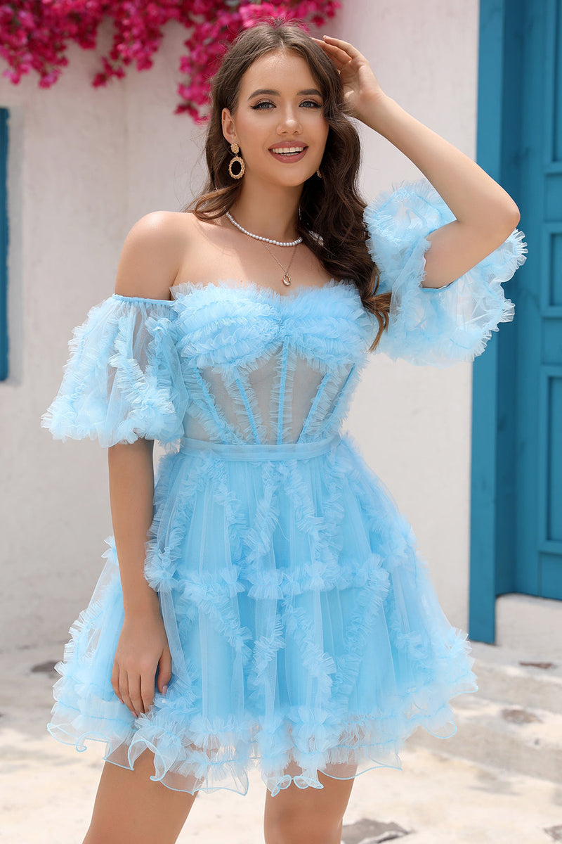 Load image into Gallery viewer, Blue Tulle Off The Shoulder Short Graduation Dress