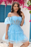 Blue Tulle Off The Shoulder Short Graduation Dress