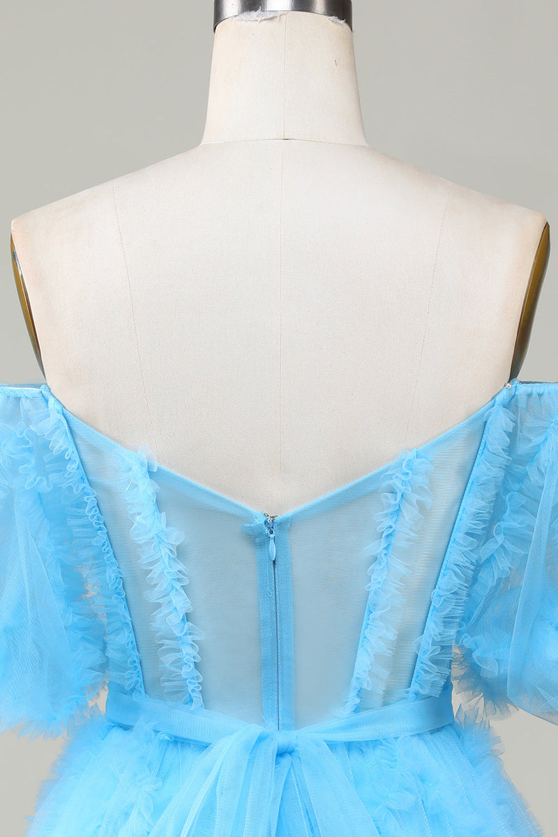 Load image into Gallery viewer, Cute A line Blue Tulle Off The Shoulder Short Graduation Dress