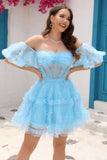 Blue Tulle Off The Shoulder Short Graduation Dress