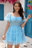 Blue Tulle Off The Shoulder Short Graduation Dress