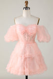 Cute A line Blush Tulle Off The Shoulder Short Graduation Dress