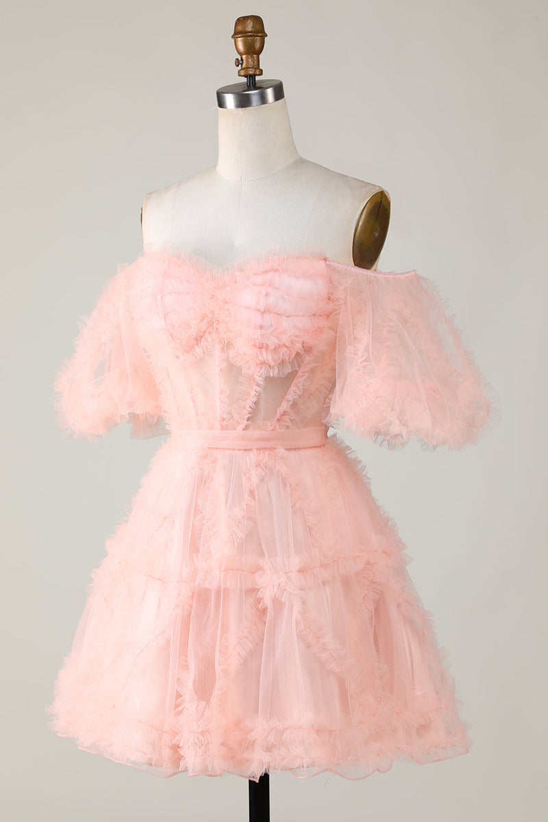 Load image into Gallery viewer, Cute A line Blush Tulle Off The Shoulder Short Graduation Dress