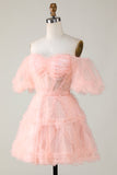 Cute A line Blush Tulle Off The Shoulder Short Graduation Dress