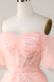 Cute A line Blush Tulle Off The Shoulder Short Graduation Dress