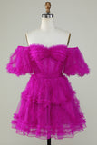 Stylish A Line Off the Shoulder Fuchsia Tulle Corset Graduation Dress