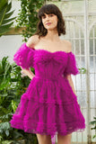 Stylish A Line Off the Shoulder Fuchsia Corset Graduation Dress with Sleeves