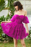 Stylish A Line Off the Shoulder Fuchsia Corset Graduation Dress with Sleeves