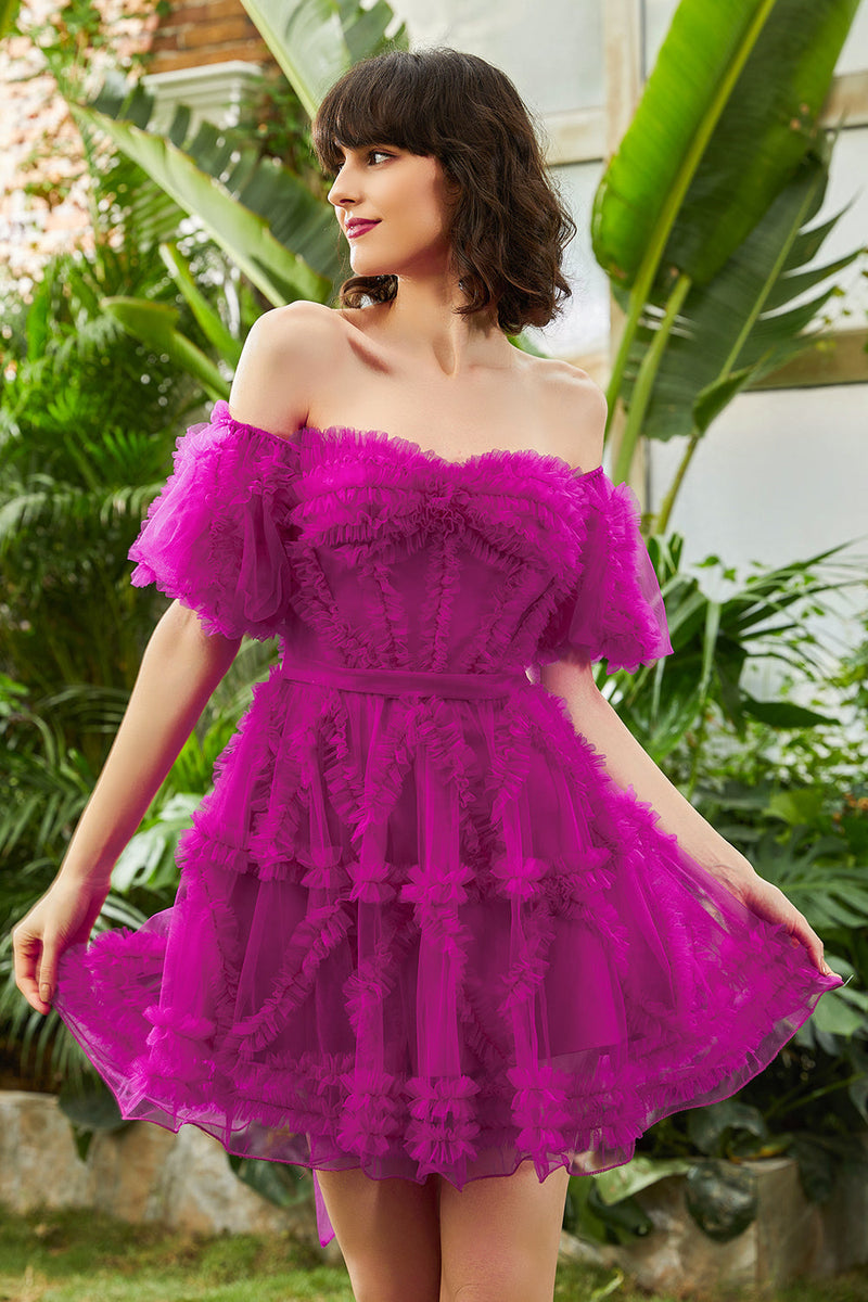 Load image into Gallery viewer, Stylish A Line Off the Shoulder Fuchsia Corset Graduation Dress with Sleeves