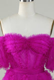 Stylish A Line Off the Shoulder Fuchsia Tulle Corset Graduation Dress