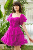 Stylish A Line Off the Shoulder Fuchsia Corset Graduation Dress with Sleeves