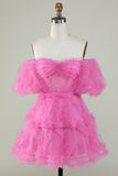 Stylish A Line Off the Shoulder Fuchsia Corset Graduation Dress with Sleeves