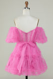 Stylish A Line Off the Shoulder Fuchsia Corset Graduation Dress with Sleeves