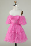 Stylish A Line Off the Shoulder Fuchsia Corset Graduation Dress with Sleeves