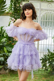 A Line Purple Tulle Off The Shoulder Short Graduation Dress