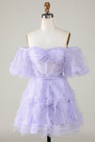 Stylish A Line Off the Shoulder Purple Tulle Corset Graduation Dress