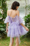 A Line Purple Tulle Off The Shoulder Short Graduation Dress