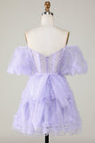 Stylish A Line Off the Shoulder Purple Tulle Corset Graduation Dress