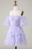 Stylish A Line Off the Shoulder Purple Tulle Corset Graduation Dress