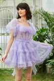 A Line Purple Tulle Off The Shoulder Short Graduation Dress