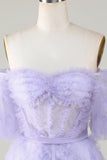 Stylish A Line Off the Shoulder Purple Tulle Corset Graduation Dress