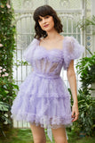 A Line Purple Tulle Off The Shoulder Short Graduation Dress