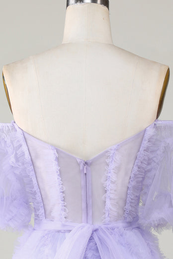 Stylish A Line Off the Shoulder Purple Tulle Corset Graduation Dress