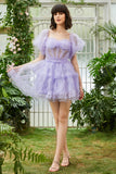 A Line Purple Tulle Off The Shoulder Short Graduation Dress