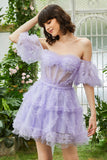 A Line Purple Tulle Off The Shoulder Short Graduation Dress