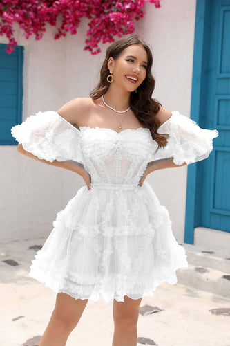 A-Line Off The Shoulder Ruffled Corset Little White Dress