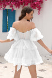 A-Line Off The Shoulder Ruffled Corset Little White Dress