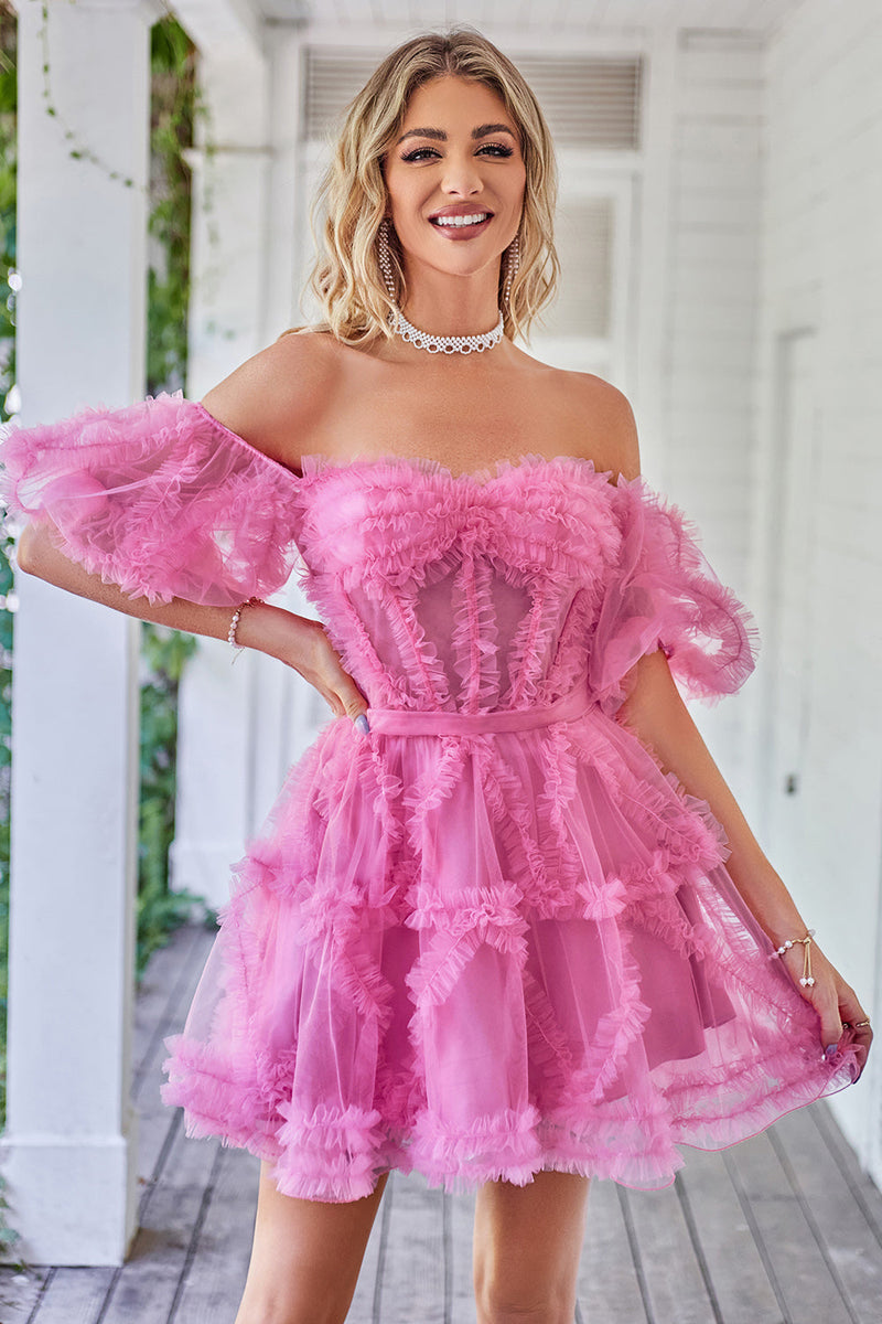 Load image into Gallery viewer, Hot Pink Off the Shoulder Tulle Graduation Dress