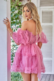 Hot Pink Off the Shoulder Tulle Graduation Dress