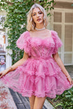 Hot Pink Off the Shoulder Tulle Graduation Dress