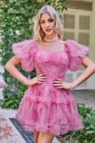 Hot Pink Off the Shoulder Tulle Graduation Dress