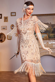 Sequins Champagne Roaring 20s Great Gatsby Fringed Flapper Dress with Sleeve