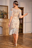 Sequins Champagne Roaring 20s Great Gatsby Fringed Flapper Dress with Sleeve