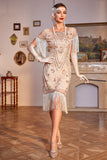 Sequins Champagne Roaring 20s Great Gatsby Fringed Flapper Dress with Sleeve